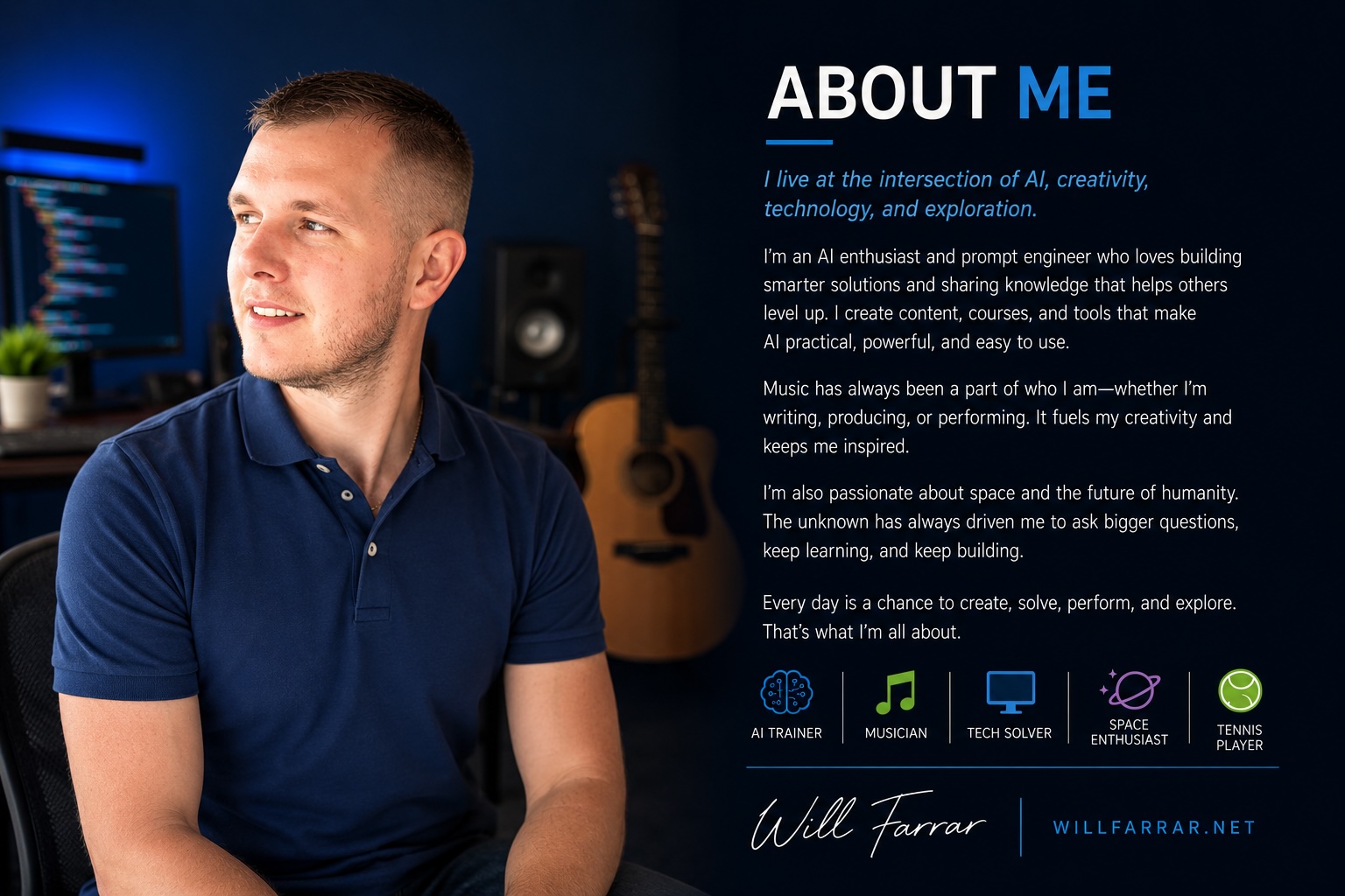About Will Farrar — AI trainer, musician, tech solver, space enthusiast, tennis player. I live at the intersection of AI, creativity, technology, and exploration.